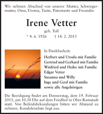 Traueranzeige von Irene Vetter von Darmstädter Echo, Odenwälder Echo, Rüsselsheimer Echo, Groß-Gerauer-Echo, Ried Echo