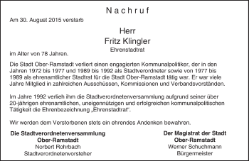 Traueranzeige von Fritz Klingler von trauer.echo-online.de