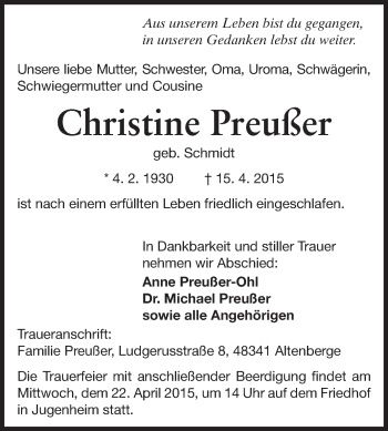 Traueranzeige von Christine Preußer von Echo-Zeitungen (Gesamtausgabe)