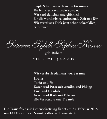 Traueranzeige von Susanne Sybille Sophia Karow von Echo-Zeitungen (Gesamtausgabe)