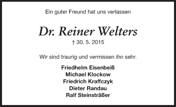 Traueranzeige von Reiner Weiters von Echo-Zeitungen (Gesamtausgabe)