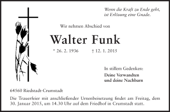 Traueranzeige von Walter Funk von Echo-Zeitungen (Gesamtausgabe)
