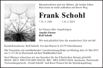 Traueranzeige von Frank Schohl von Echo-Zeitungen (Gesamtausgabe)