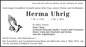 Traueranzeige von Herma Uhrig von Odenwälder Echo