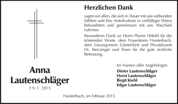 Traueranzeige von Anna Lautenschläger von Odenwälder Echo