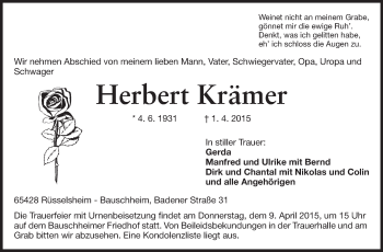 Traueranzeige von Herbert Krämer von Rüsselsheimer Echo, Groß-Gerauer-Echo, Ried Echo