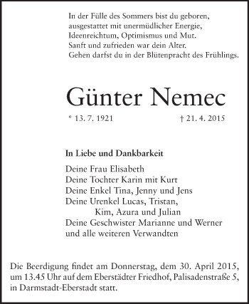 Traueranzeige von Günter Nemec von Echo-Zeitungen (Gesamtausgabe)