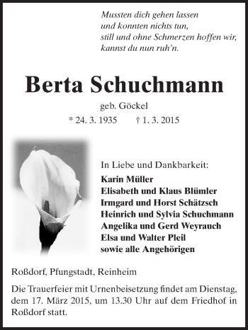 Traueranzeige von Berta Schuchmann von Echo-Zeitungen (Gesamtausgabe)