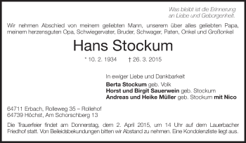 Traueranzeige von Hans Stockum von Odenwälder Echo