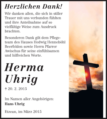 Traueranzeige von Herma Uhrig von Odenwälder Echo