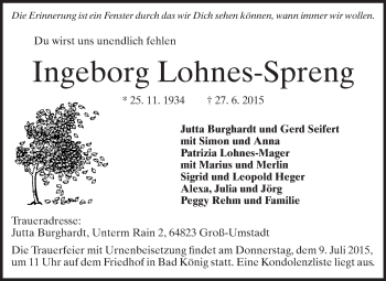 Traueranzeige von Ingeborg Lohnes-Spreng von Odenwälder Echo