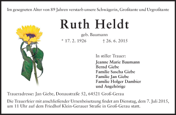 Traueranzeige von Ruth Heldt von Rüsselsheimer Echo, Groß-Gerauer-Echo, Ried Echo