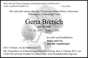 Traueranzeige von Gerta Bretsch von Odenwälder Echo
