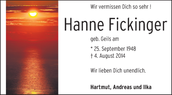 Traueranzeige von Hanne Fickinger von Rüsselsheimer Echo, Groß-Gerauer-Echo, Ried Echo