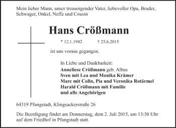 Traueranzeige von Hans Crößmann von Echo-Zeitungen (Gesamtausgabe)
