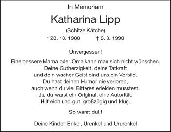 Traueranzeige von Katharina Lipp von Darmstädter Echo, Odenwälder Echo, Rüsselsheimer Echo, Groß-Gerauer-Echo, Ried Echo