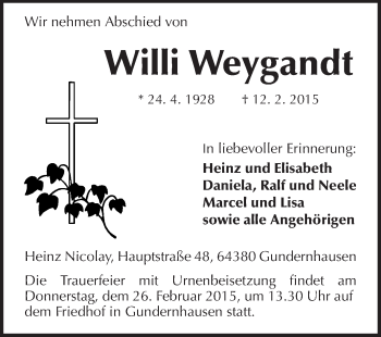 Traueranzeige von Willi Weygandt von Echo-Zeitungen (Gesamtausgabe)