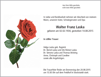 Traueranzeige von Walter Franz Laska von trauer.echo-online.de