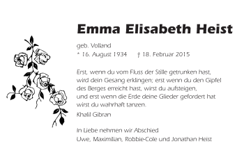 Traueranzeige von Emma Elisabeth Heist von Echo-Zeitungen (Gesamtausgabe)