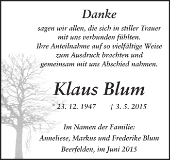 Traueranzeige von Klaus Blum von Odenwälder Echo