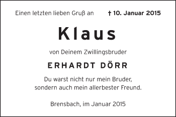 Traueranzeige von Klaus Dörr von Echo-Zeitungen (Gesamtausgabe)