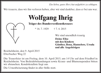 Traueranzeige von Wolfgang Ihrig von Echo-Zeitungen (Gesamtausgabe)