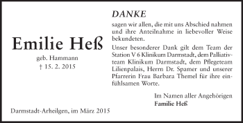 Traueranzeige von Emilie Heß von Echo-Zeitungen (Gesamtausgabe)