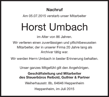 Traueranzeige von Horst Umbach von Echo-Zeitungen (Gesamtausgabe)