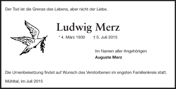 Traueranzeige von Ludwig Merz von Echo-Zeitungen (Gesamtausgabe)