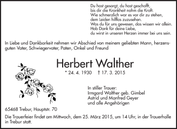 Traueranzeige von Herbert Walther von Rüsselsheimer Echo, Groß-Gerauer-Echo, Ried Echo
