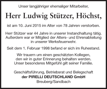 Traueranzeige von Ludwig Stützer von Odenwälder Echo