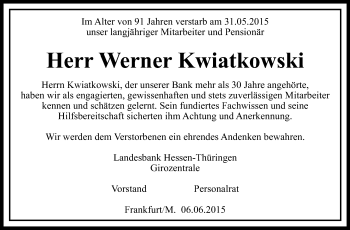 Traueranzeige von Werner Kwiatkowski von Echo-Zeitungen (Gesamtausgabe)