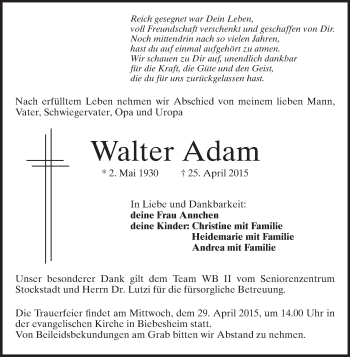 Traueranzeige von Walter Adam von Echo-Zeitungen (Gesamtausgabe)