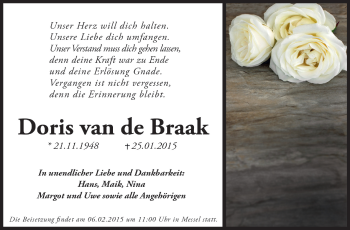 Traueranzeige von Doris van de Braak von Echo-Zeitungen (Gesamtausgabe)