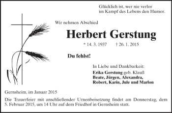 Traueranzeige von Herbert Gerstung von Echo-Zeitungen (Gesamtausgabe)