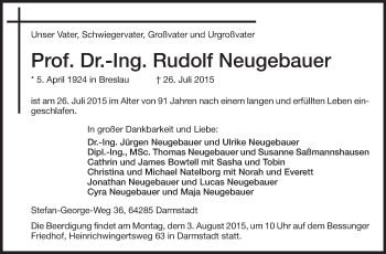 Traueranzeige von Rudolf Neugebauer von Echo-Zeitungen (Gesamtausgabe)