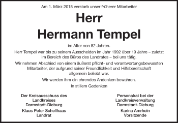 Traueranzeige von Hermann Tempel von Echo-Zeitungen (Gesamtausgabe)