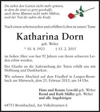 Traueranzeige von Katharina Dorn von Echo-Zeitungen (Gesamtausgabe)