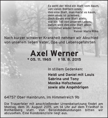 Traueranzeige von Axel Werner von trauer.echo-online.de