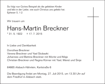 Traueranzeige von Hans-Martin Breckner von Echo-Zeitungen (Gesamtausgabe)