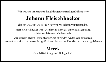 Traueranzeige von Johann Fleischhacker von Echo-Zeitungen (Gesamtausgabe)