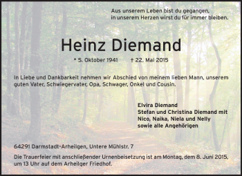Traueranzeige von Heinz Diemand von Echo-Zeitungen (Gesamtausgabe)