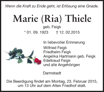 Traueranzeige von Marie Thiele von Echo-Zeitungen (Gesamtausgabe)