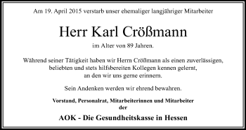 Traueranzeige von Karl Crößmann von Echo-Zeitungen (Gesamtausgabe)