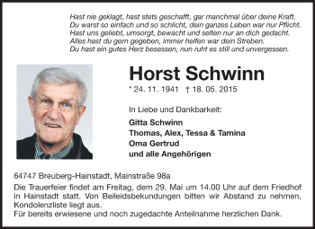 Traueranzeige von Horst Schwinn von Odenwälder Echo