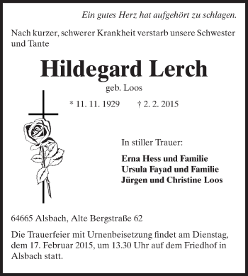 Traueranzeige von Hildegard Lerch von Echo-Zeitungen (Gesamtausgabe)