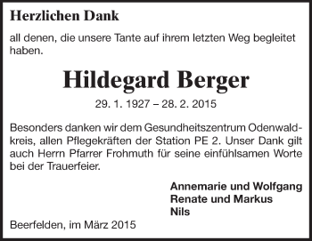 Traueranzeige von Hildegard Berger von Odenwälder Echo