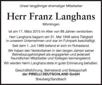 Traueranzeige von Franz Langhans von Odenwälder Echo