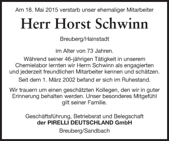 Traueranzeige von Horst Schwinn von Odenwälder Echo