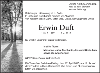Traueranzeige von Erwin Duft von Rüsselsheimer Echo, Groß-Gerauer-Echo, Ried Echo